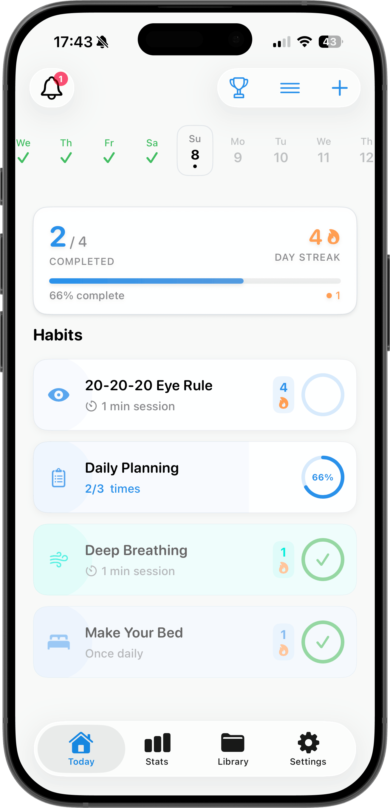 Habit Fusion app in light mode showing daily habit tracking with streaks