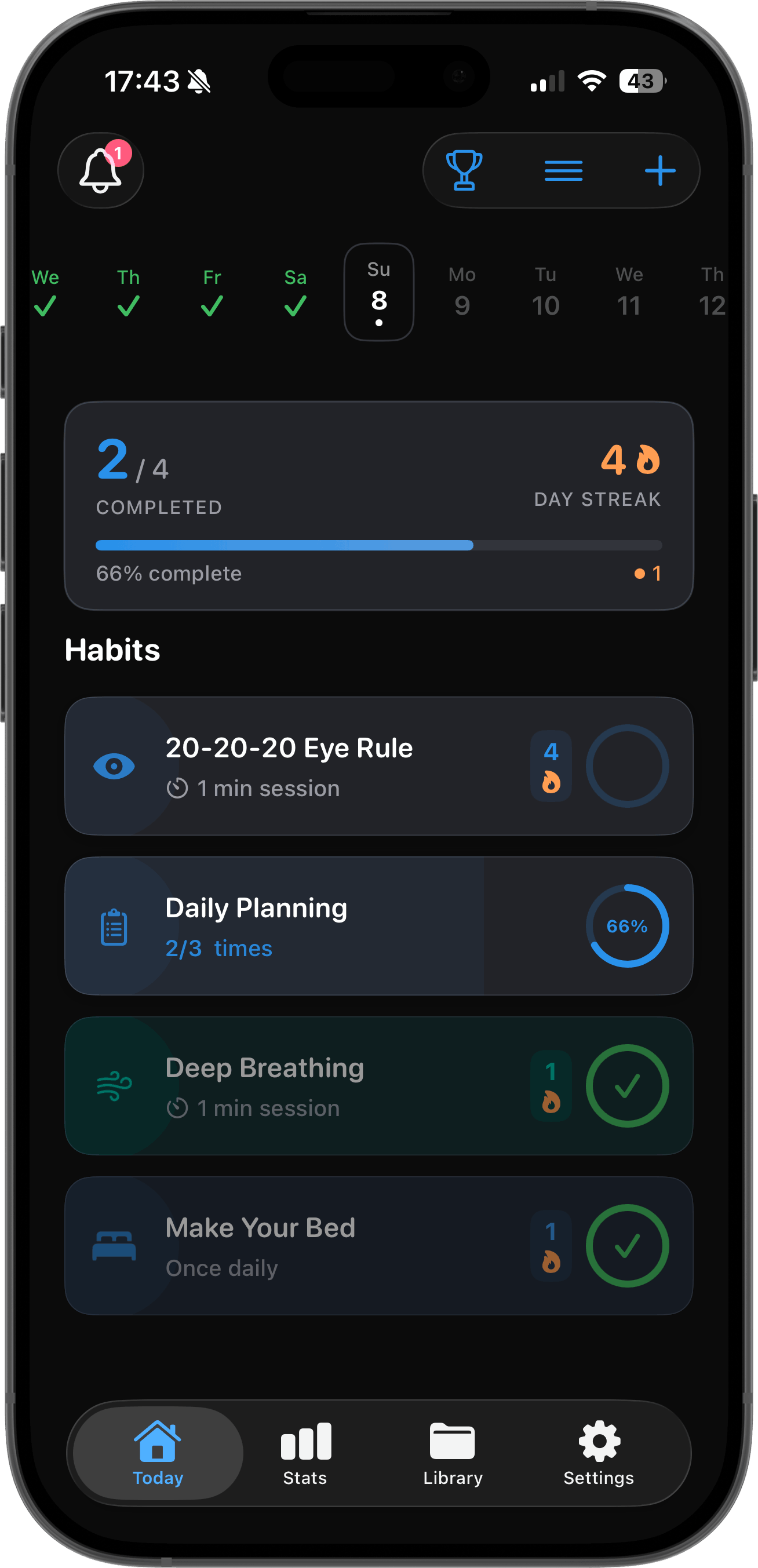 Habit Fusion app in dark mode showing daily habit tracking with streaks